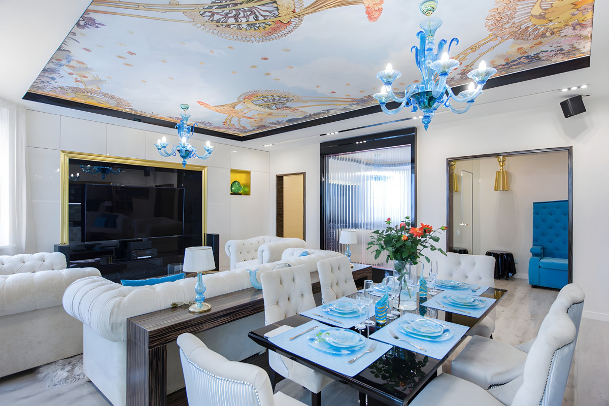 Living-dining room with designer ceiling paintings