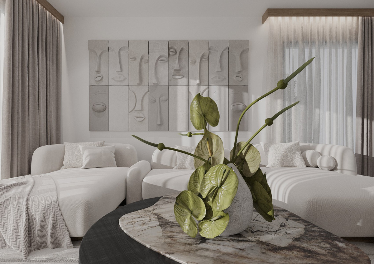 Living room design in soft minimalism style